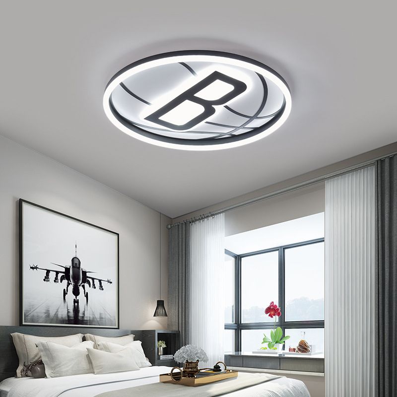 Black and White Basketball Flush Lamp Kids Acrylic LED Ceiling Light for Boys Bedroom