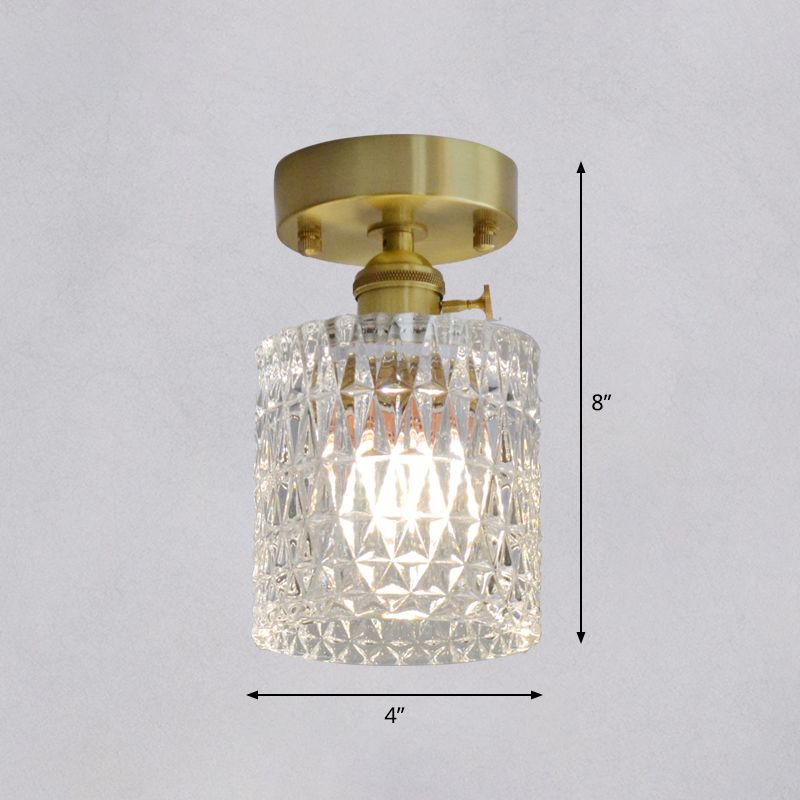Brass Finish 1-Head Ceiling Mounted Light Minimalist Carved Glass Shaded Semi Flush Mount Lamp for Corridor