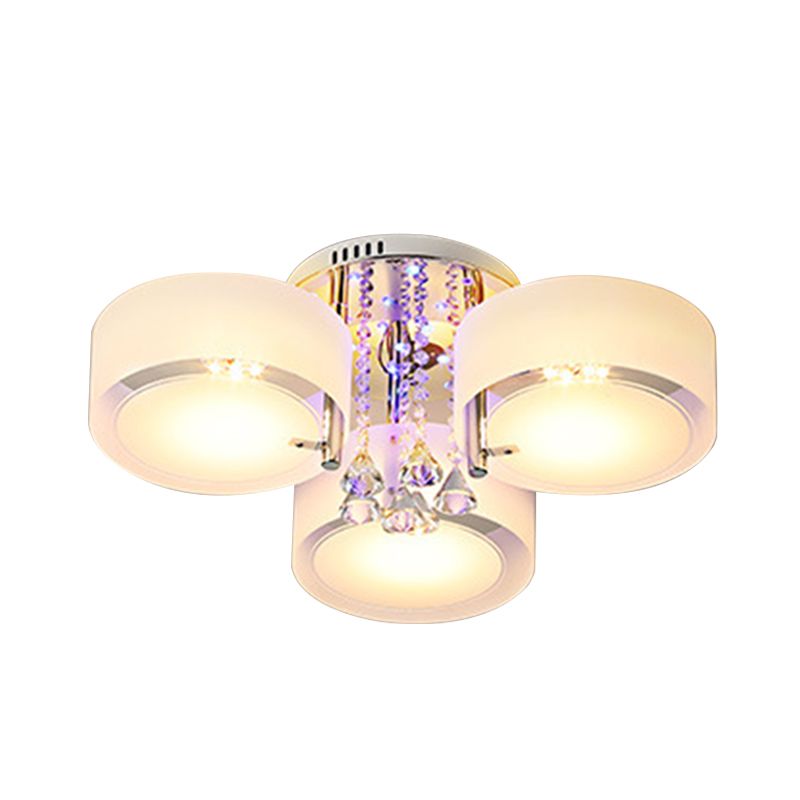 Drum Flush Mount Light Modern Frosted Glass 3/5/6 Heads White Ceiling Light with Crystal Drop