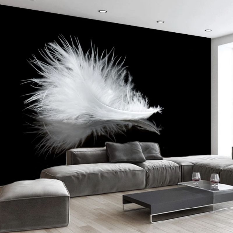 Extra Large Feather Wall Mural Guest Room Wall Covering in Black and White, Stain Resistant