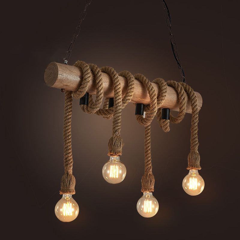 Linear Restaurant Island Pendant Light Warehouse Rope 4 Lights Brown Hanging Lamp Kit