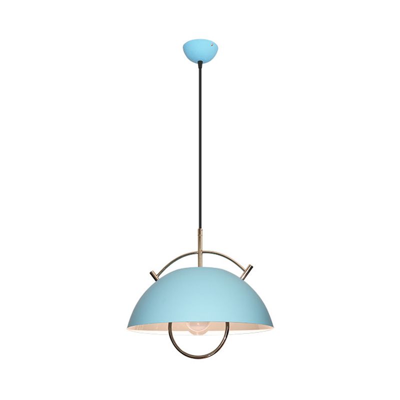 Metal Bowl Down Lighting Macaron 1 Head Blue/White/Khaki Hanging Ceiling Light with Handle