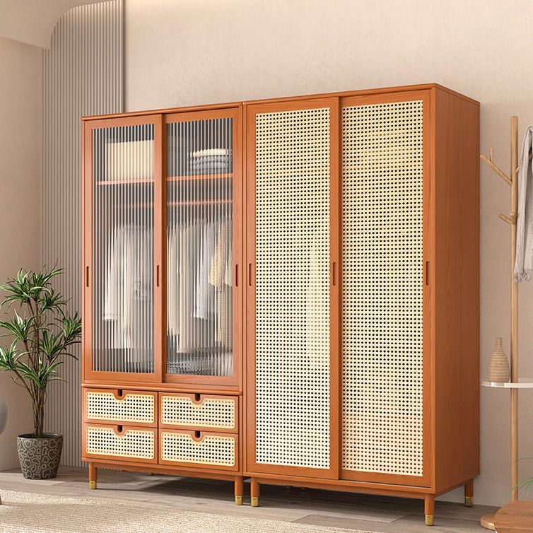 Contemporary Solid Wood Wardrobe Cabinet 2 Sliding Doors Sliding with Drawer