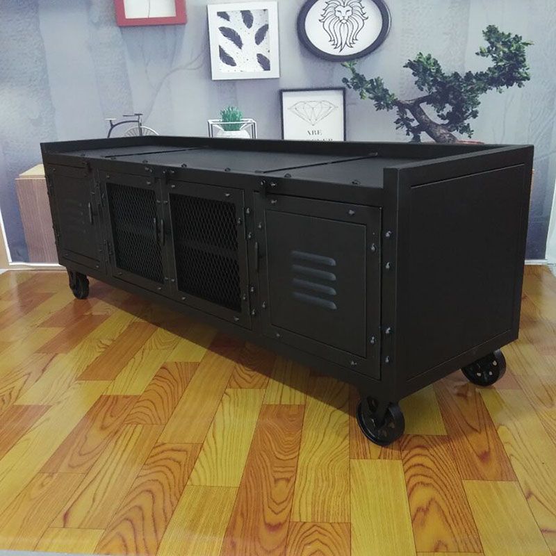 Metal Black TV Cabinet Industrial Style Home TV Stand Console with Casters