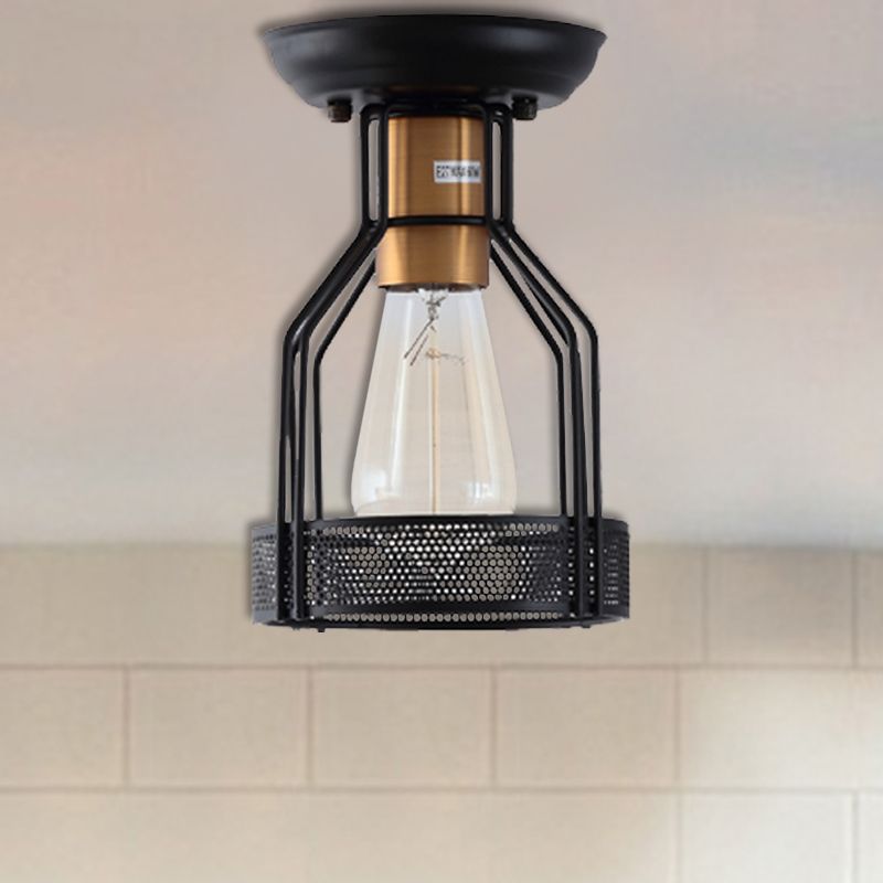 Single Bulb Semi Flush Mount Industrial Caged Metal Ceiling Light in Black with Wire Mesh