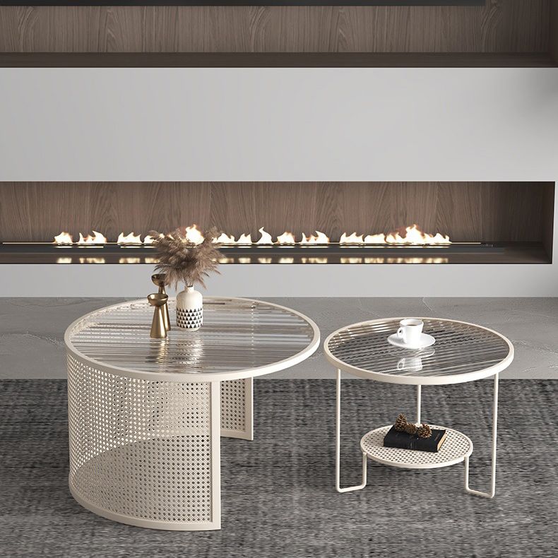 Contemporary Nesting Coffee Table Set with Round Glass Top and Iron Base