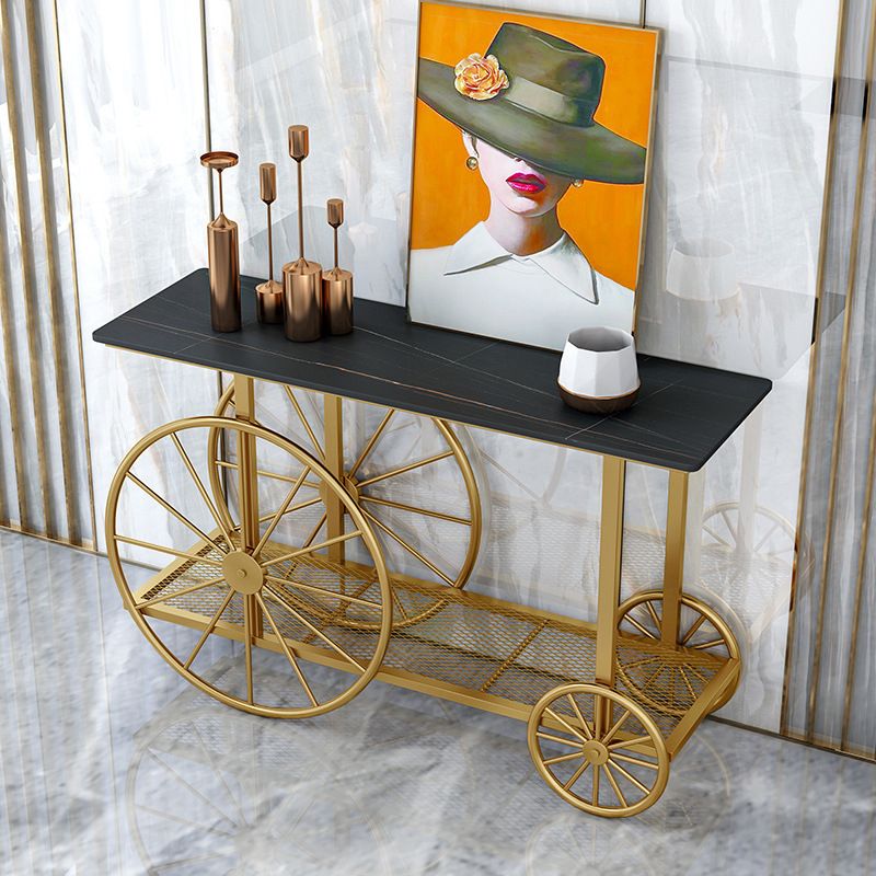 30.32" Tall Wheel Console Table Stone Accent Table with 2 Shelves