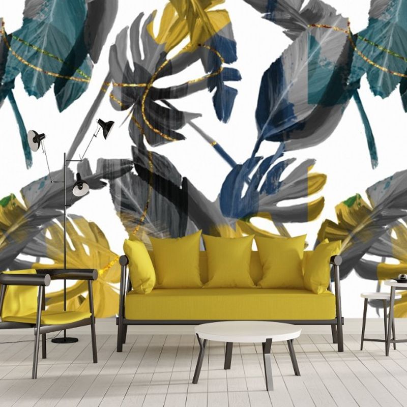 Grey and Yellow Wall Covering with Banana Leaf Pattern Stain-Resistant Mural for Gallery