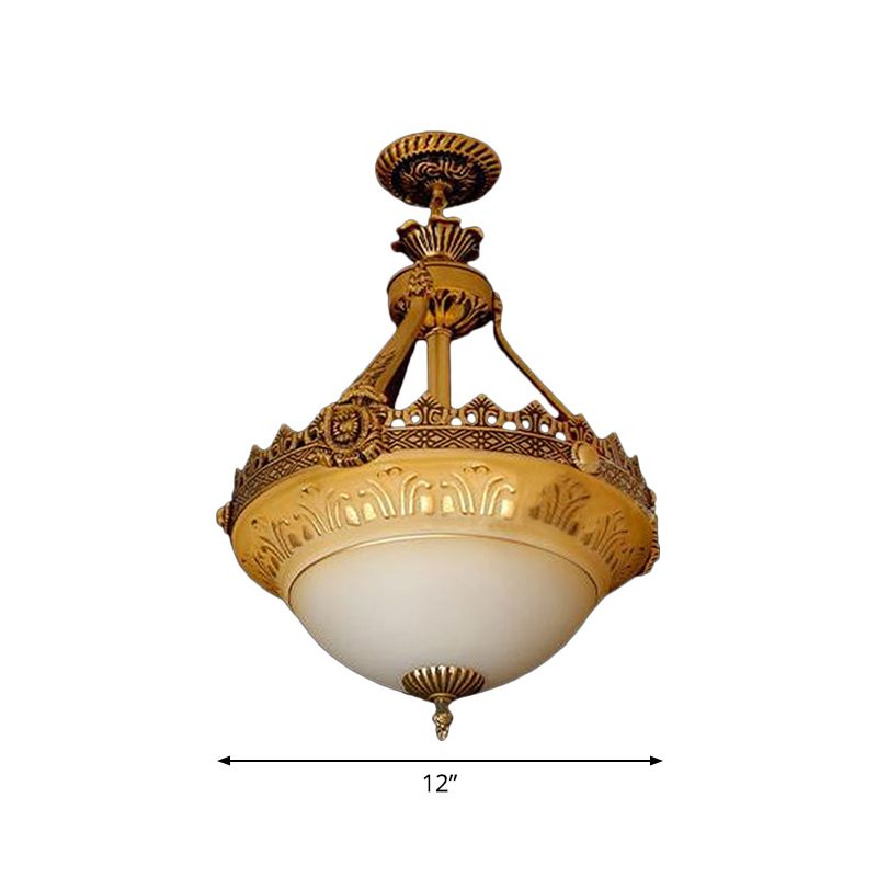 Bowl Terrace Ceiling Chandelier Rustic Beige and White Glass 3-Light 12"/16"/19.5" W Brass Pendant Lamp