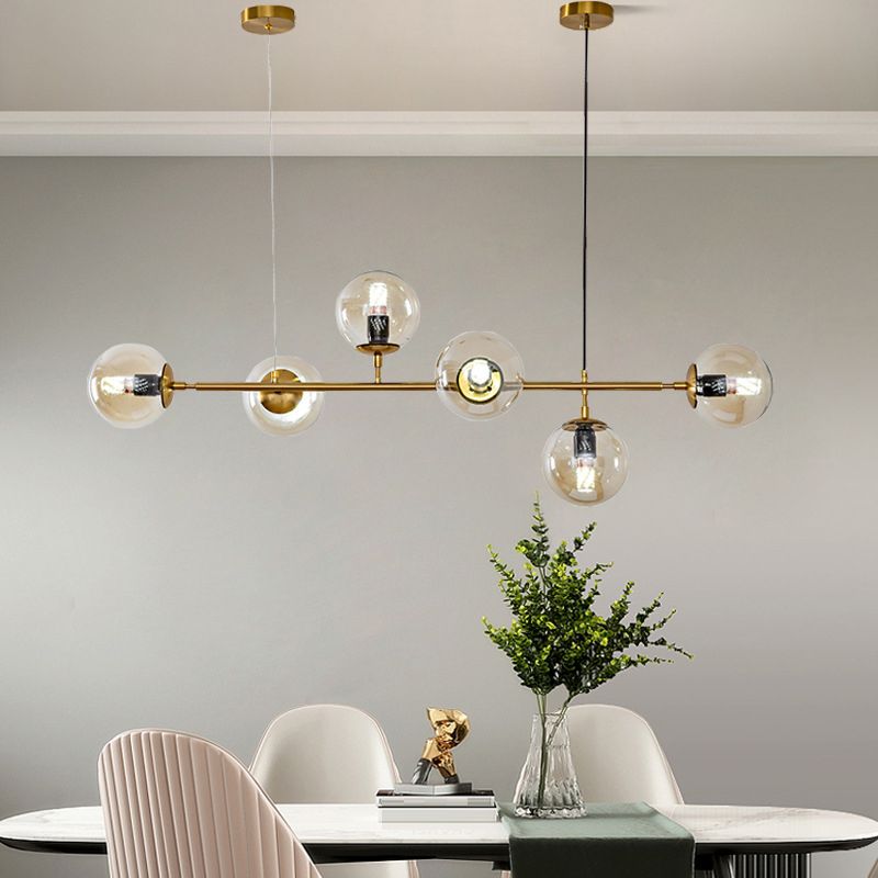 Linear 6 Light Pendant Ceiling Iron and Glass Modern Kitchen Island Light Fixture in Gold