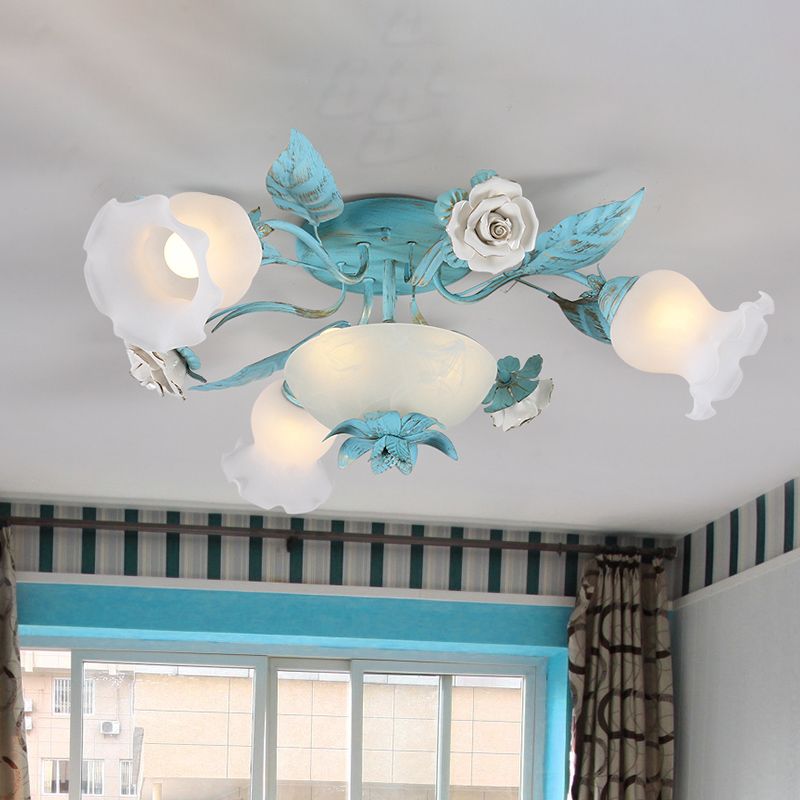 Starburst Milk Glass Semi-Flush Mount Korean Flower 5/7/11 Lights Living Room Flush Light Fixture
