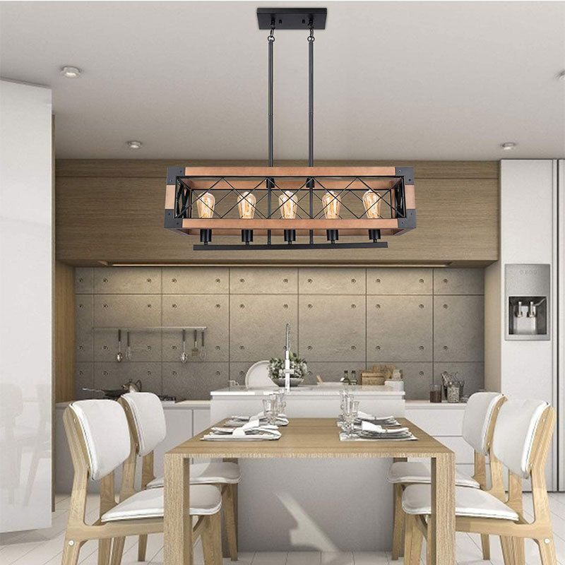 Marco de hierro luz de la isla negra en la luz colgante de madera de madera de estilo retro industrial para el comedor