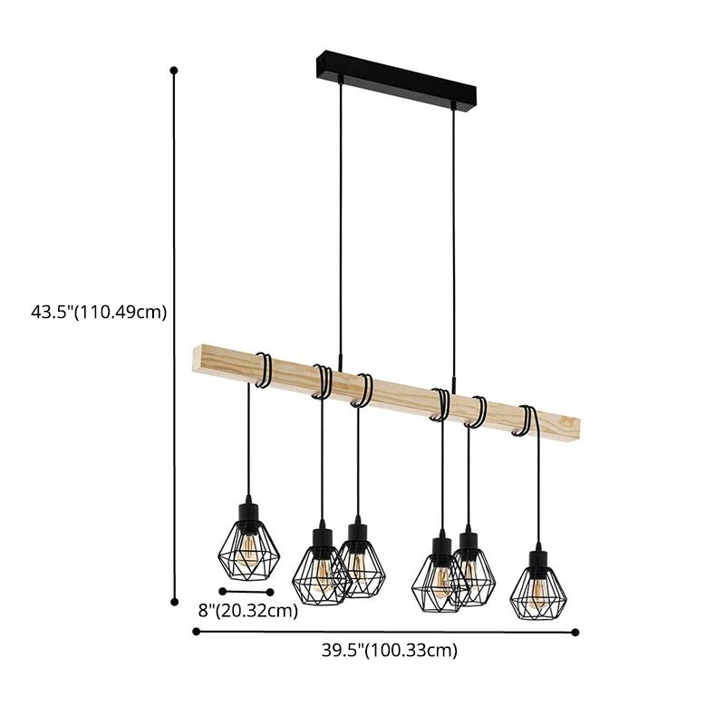 Black Iron Cage Shade Island Light Retro Industrial Style Wooden Hanging Light for Coffee Shop Bar