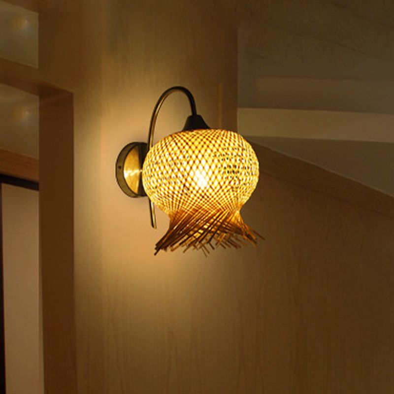 Bamboo Hand Woven Sconce Asia 1 lampe murale de tête à la tête en lin avec le bras en métal des bènes