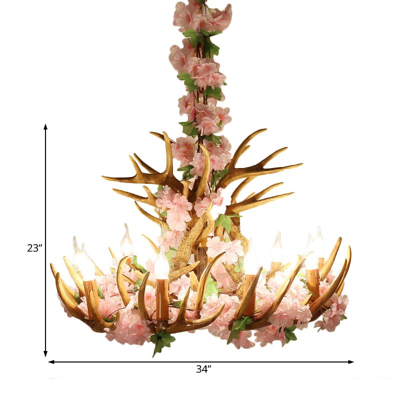 Candle Living Room Hanging Lamp Rustic Resin 4/6/12 Bulbs Pink/Green Chandelier Pendant Light