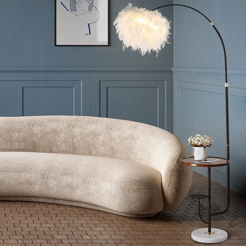 Fishing Rod Living Room Floor Light Metallic 1��Head Simplistic Standing Lamp with Tray and Feather Shade