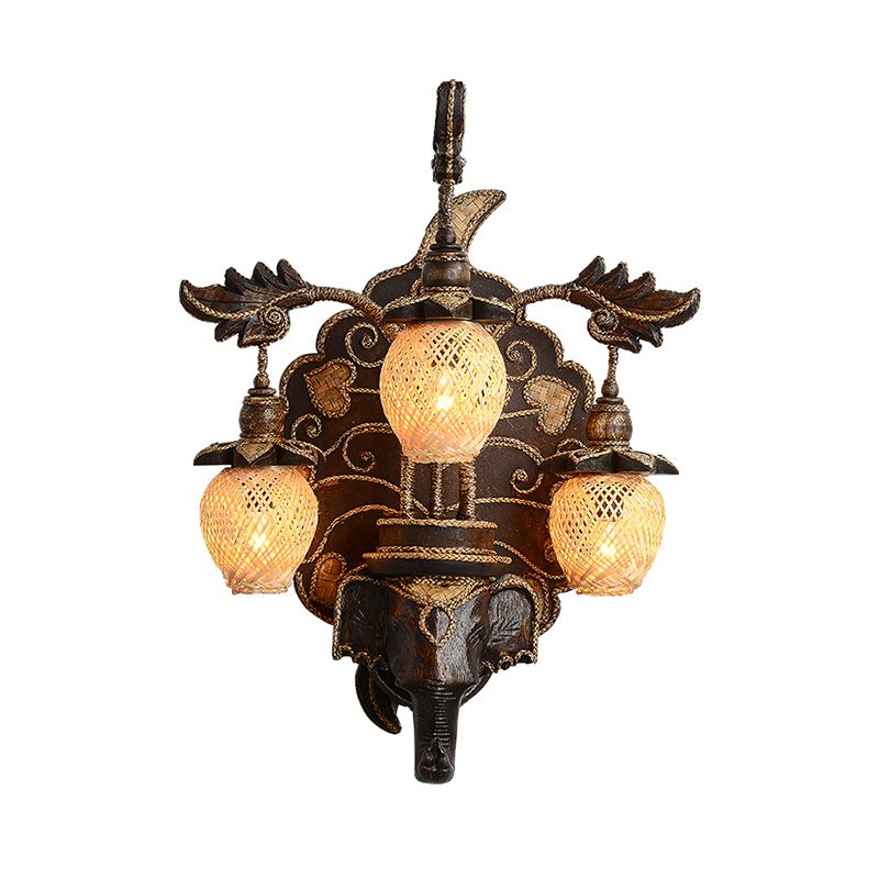 Wall Lighting Fixture Country Stairway Wall Sconce with Melon Bamboo Shade in Brown