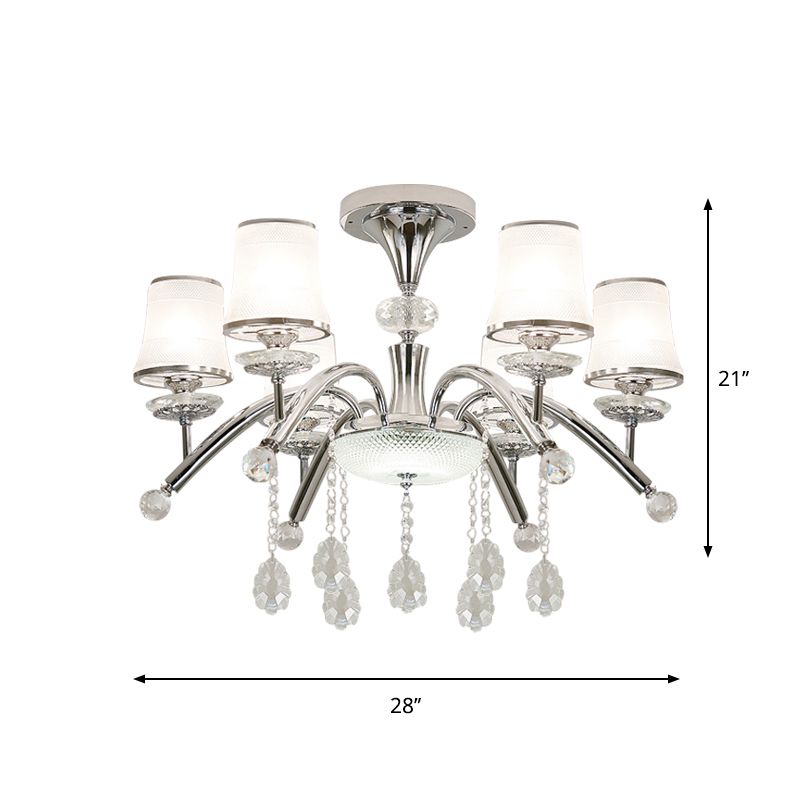 Modernismo Bell Semi Flush Mount de 6 bombas Luz de alza de vidrio esmerilado en cromo con caída de cristal