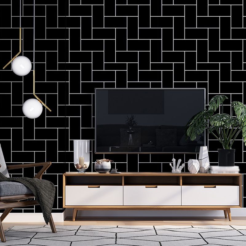 Geometric Net Patterned Wallpaper Modern Smooth Surface Wall Decor in White on Black