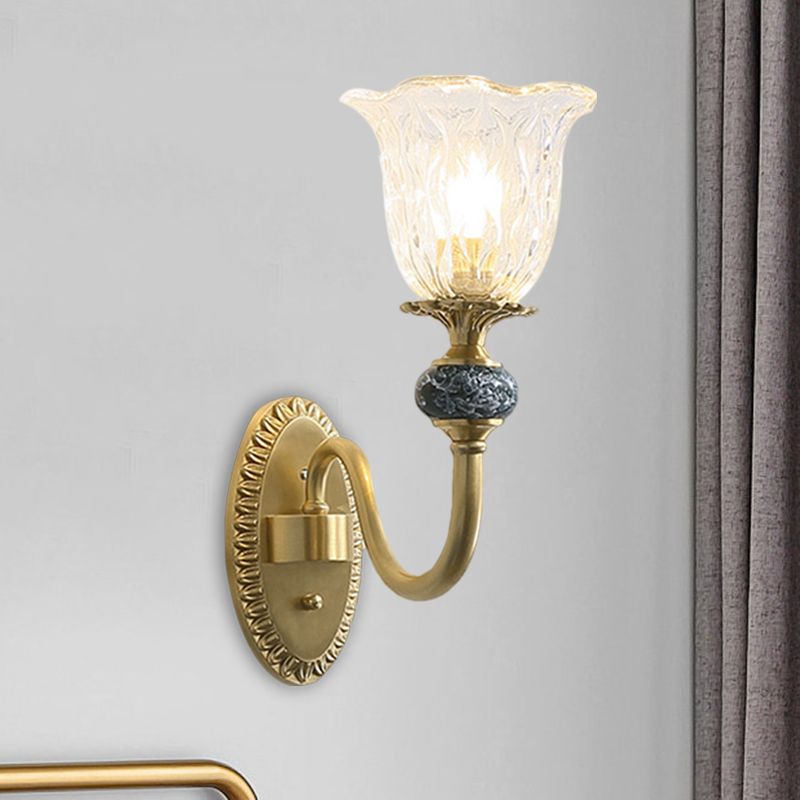1/2-Head Floral Wall Mount Lamp Classic Style Brass Clear Ribbed Glass Wall Sconce Lighting with Swooping Arm
