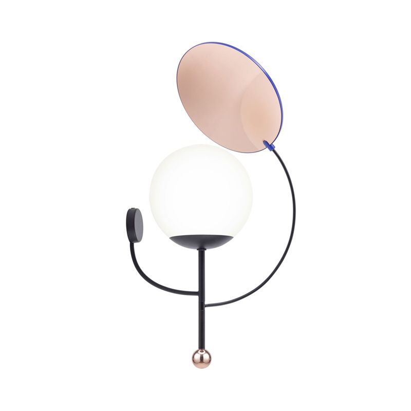 Nordic Sphere Wall Sconce Opal Glass 1-Head Bedroom Wall Light Fixture in Black with Round Mirror