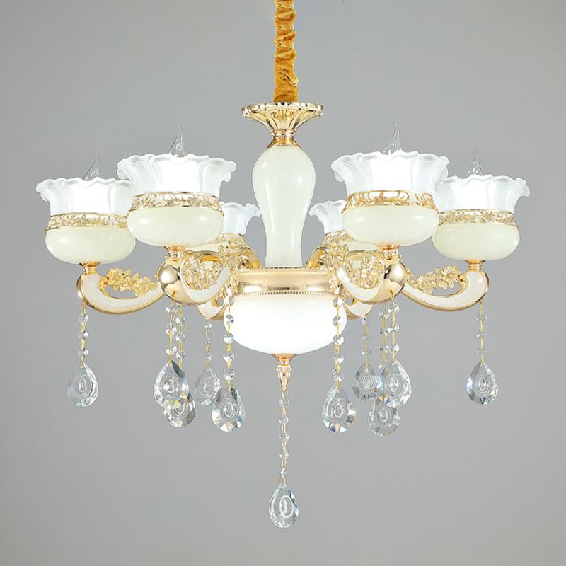 6 hoofden kroonluchter verlichting moderne slaapkamer plafond hanger met ruche-edge pot witte glazen schaduw in goud