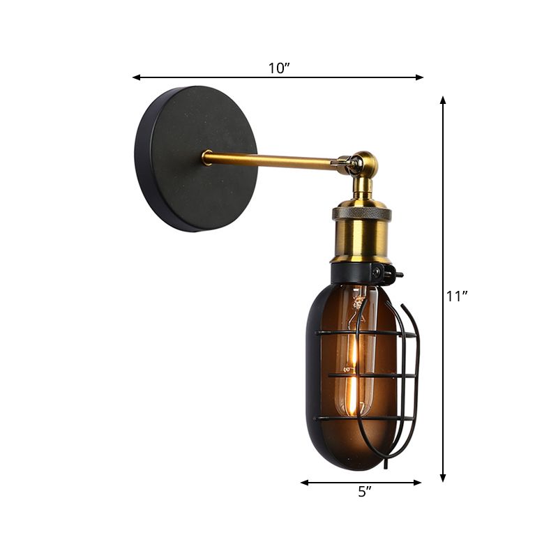 Capsule Cage Restaurant Wall Light Sconce Factory Metal 1 Head Black and Brass Wall Lamp