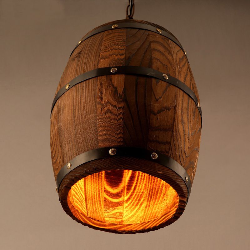 Wooden Barrel Shaped Creative Hanging Light Industrial Style Single Light Suspended Light with 27.5" Hanging Chain