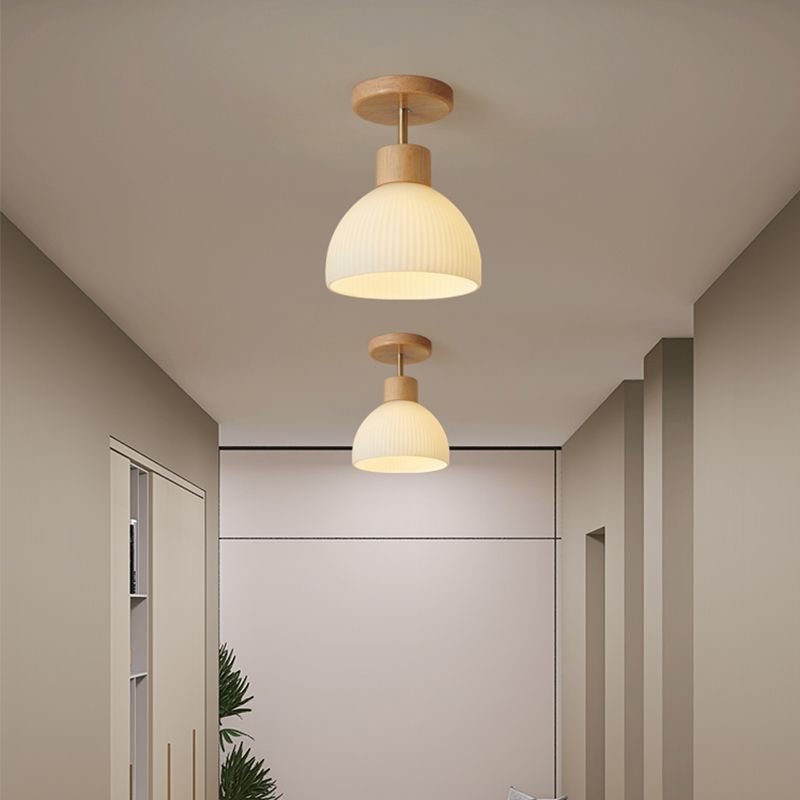 Dome Shape Ceiling Lamp Modern Wood 1 Light Flush Mount with Glass Lampshade for Aisle