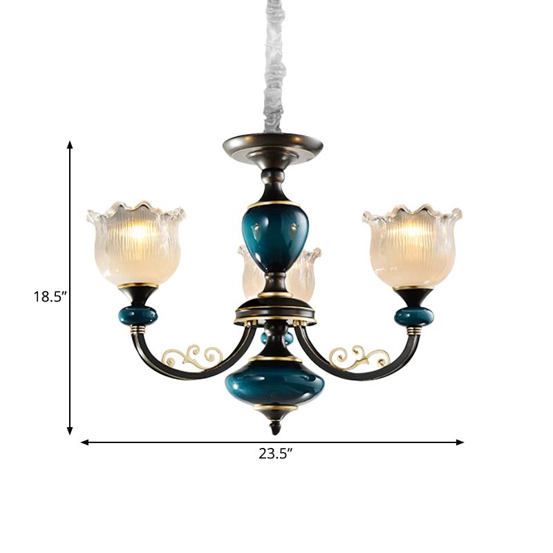 3/6 Bulbs Blossom Hanging Light Kit Classic Black Finish Clear Ribbed Glass Pendant Chandelier