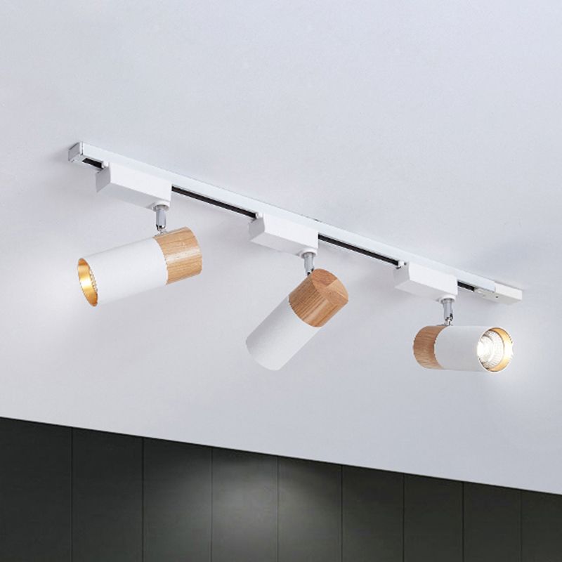 Focos nórdicos de riel de metal y madera, iluminación cilíndrica empotrada en riel de techo para vestíbulo y dormitorio