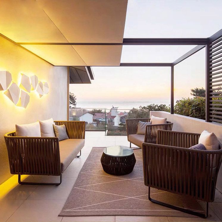 Tropical Patio Sofa Wicker/Rattan Gray Fabric With Cushions Outdoor Patio Sofa