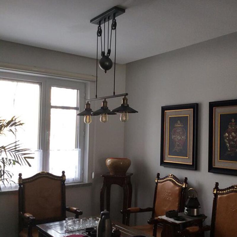 Liftable Industrial Retro Island Light with Black Metal Saucer Shade Cafe Shop Suspended Lighting Fixture