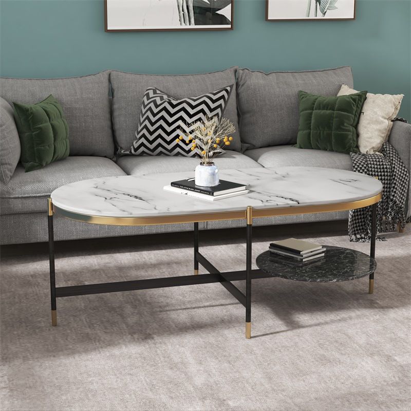 17.7" Tall Modern Metal Cross Leg Base Glass Oval Coffee Table with Shelf