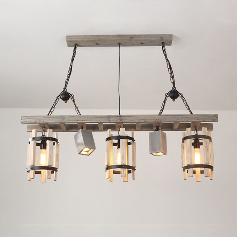 Gris / brun 5 lumières Drop Pendants Farmhouse Wood Cylinder Frame Island Éclairage avec design d'échelle