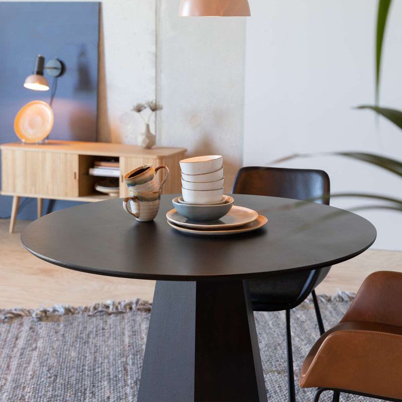 Modern Round Table Pine Solid Wood Pedestal Dining Table in Black
