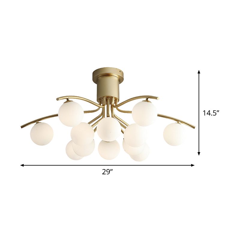 Post-Modern Modo Flush Mount White Glass 12-Head Living Room LED Semi Close to Ceiling Lamp in Brass