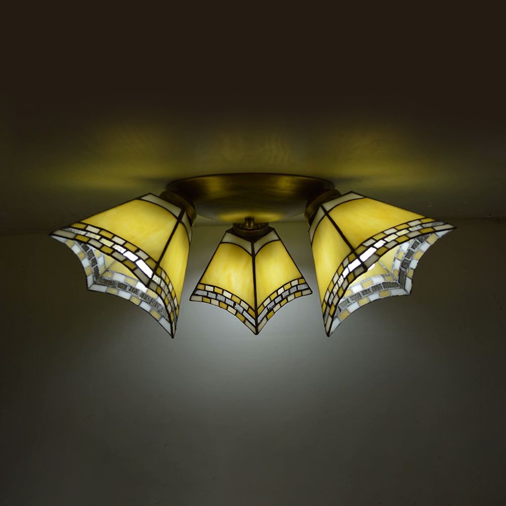 3 Heads Geometric Flushmount Light Vintage Stained Glass Flush Mount Ceiling Light in Yellow/Sky Blue/Pink/Green/Dark Blue for Bedroom