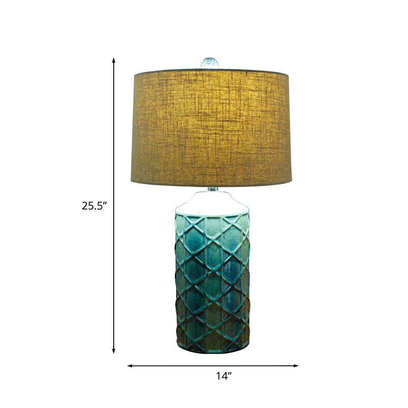 Ceramic Blue Night Light Lattice Cylinder 1 Light Rustic Nightstand Lighting with Round Fabric Shade
