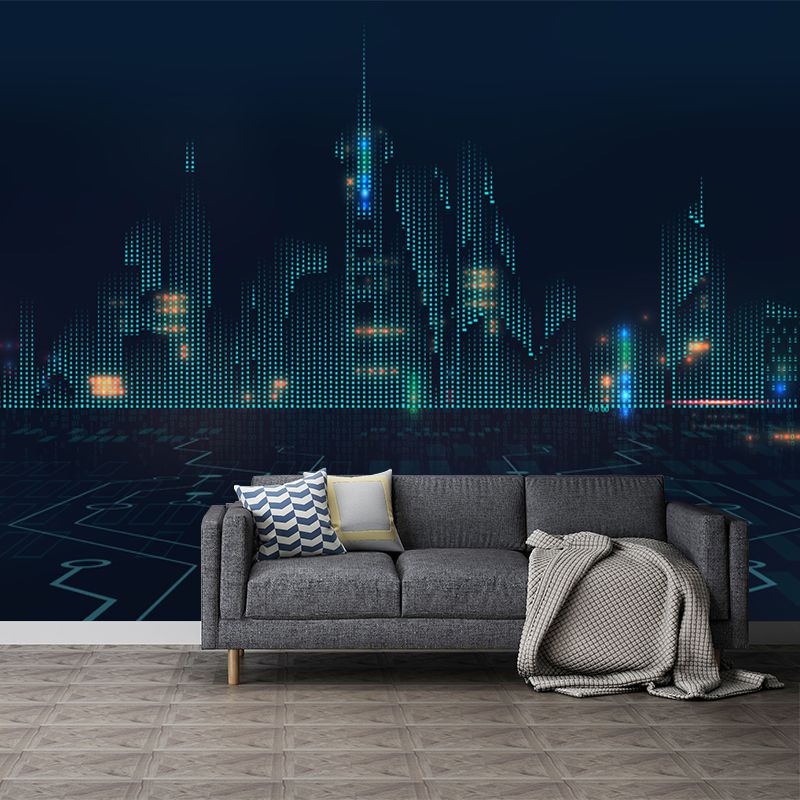 Dark Blue City Architectural Mural Moisture Resistant Wall Covering for Adults Room
