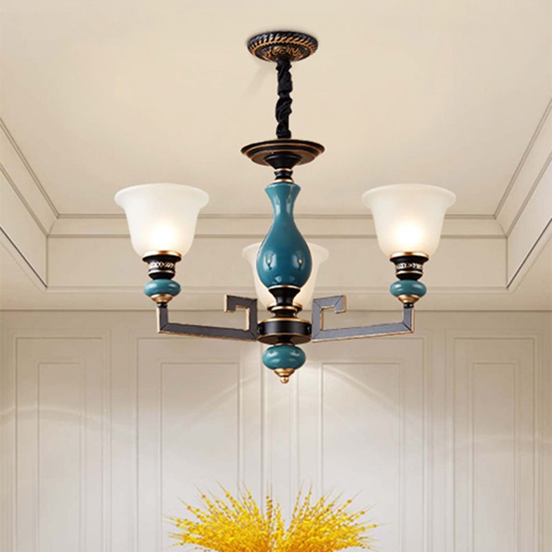Blue-Black 3/5/6 Heads Pendulum Light Vintage Style Milky Glass Bell Shaped Hanging Chandelier