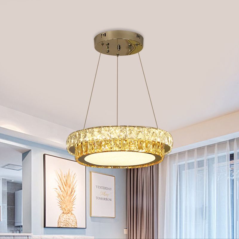 2-Tier Round LED Hanging Lamp Modern Gold Crystal Embedded Chandelier for Dining Room, 16"/23.5"/31.5" Dia