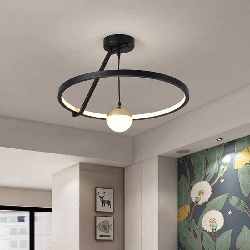 Simple Ring Semi Flush Ceiling Light Acrylic LED Bedroom Flushmount Lamp in Black