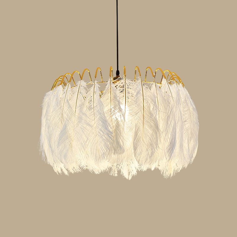 Round Feather Hanging Lamp Postmodern White Chandelier Light Fixture for Living Room