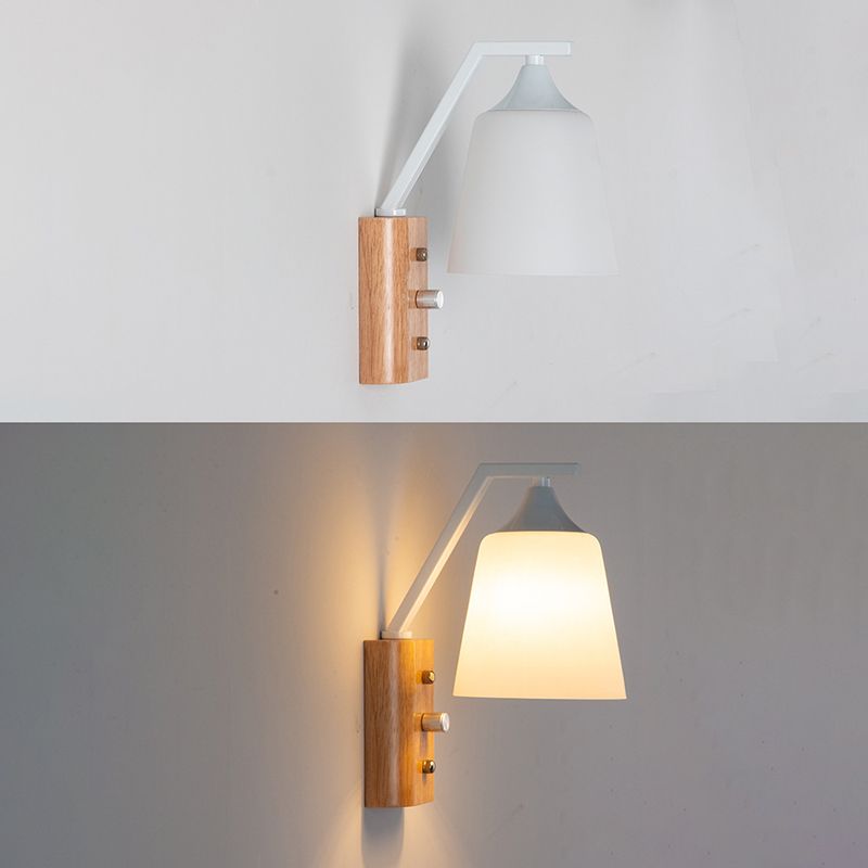 Modern Creative Dome Wall Lamp Wooden 1-Light Wall Sconce with White Glass Shade