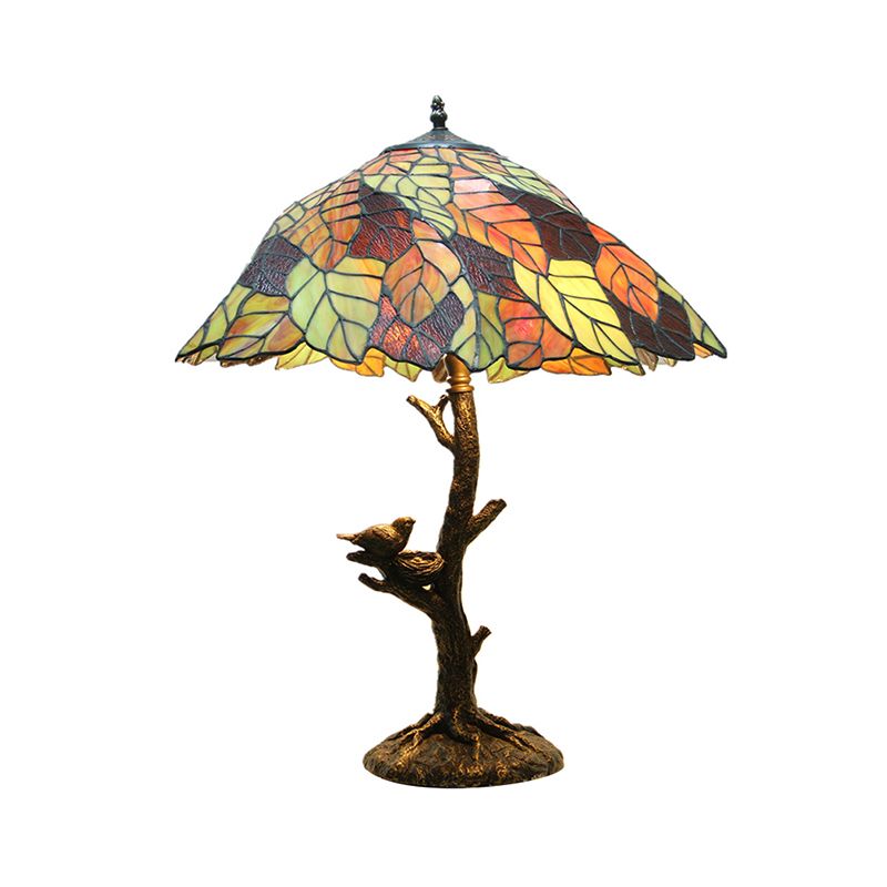 1 Light Nightstand Lamp Mediterranean Leaf Stained Glass Table Light in Brass for Indoor