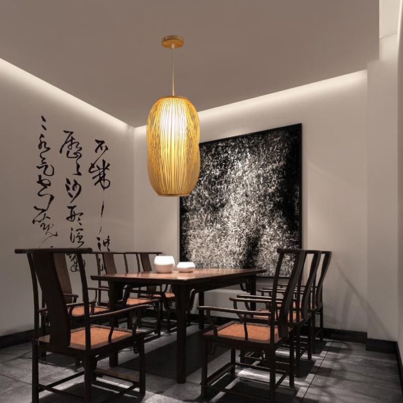 Beige Woven Shade Hanging Pendant Light Modernism 1 Light Bamboo Pendant Lighting for Living Room, 7.5"/9" W