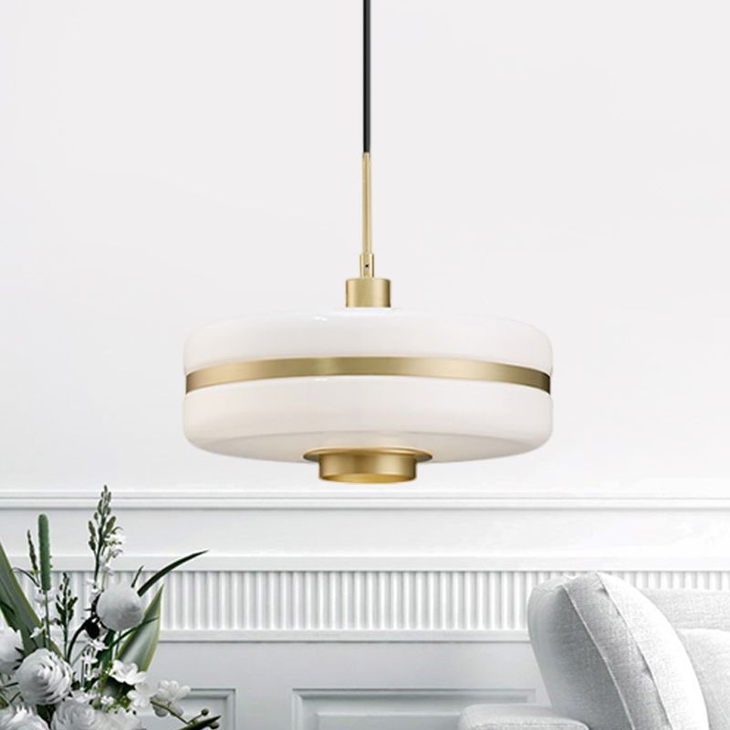 White Glass Drum Pendant Ceiling Light Modern 1 Light Gold Suspension Light for Living Room