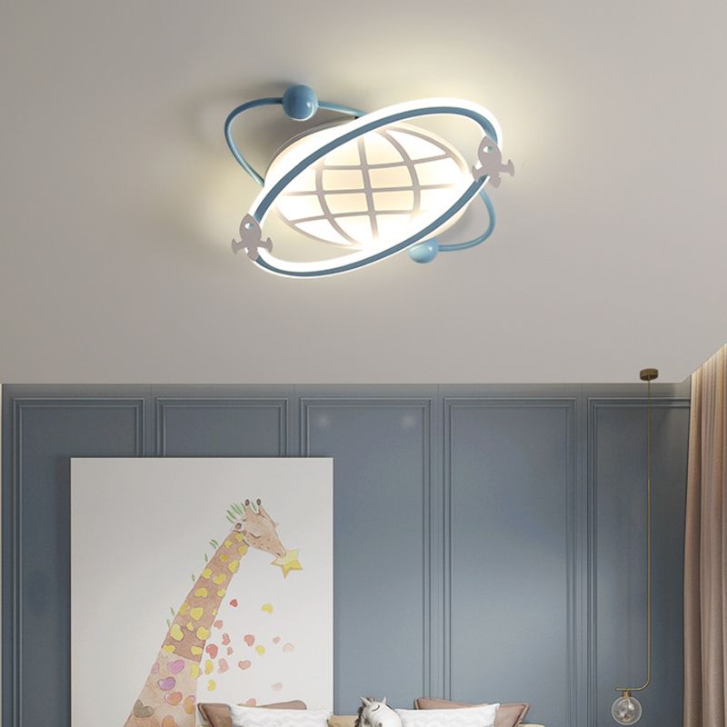 Childrens Orbit Flush Mount Ceiling Light Metal Bedroom LED Flush Light with Rocket Detail