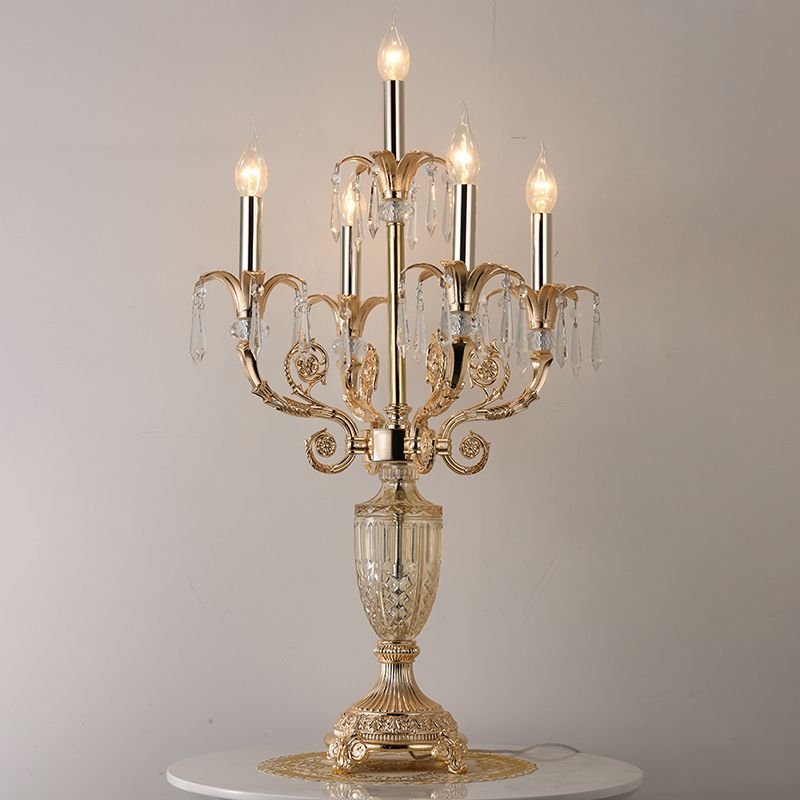 5 Bulbs Crystal Spears Table Light Traditional Gold Candlestick Parlor Nightstand Lamp with/without Fabric Bell Shade